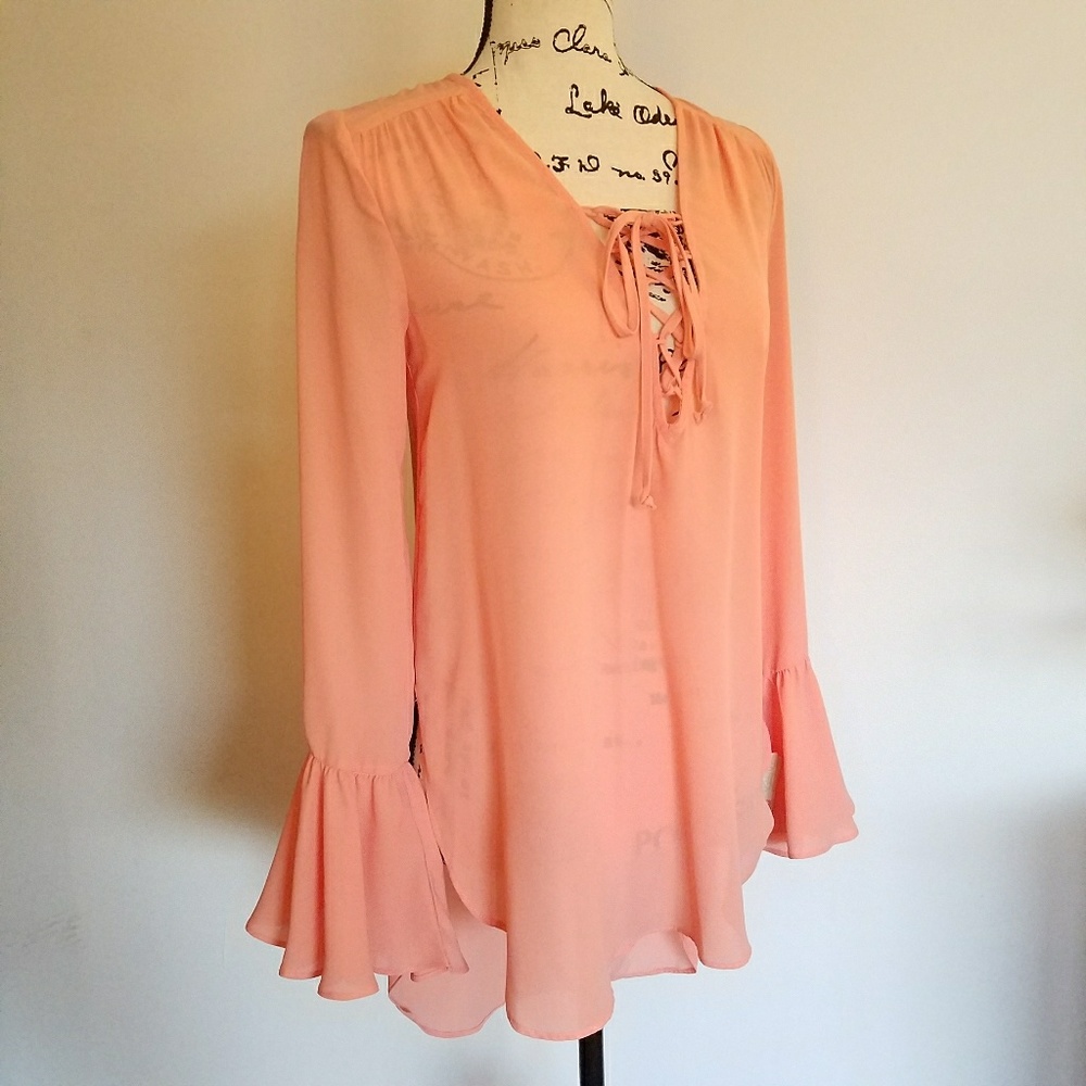 High-Low Lace-Up Bell-Sleeve Chiffon Blouse